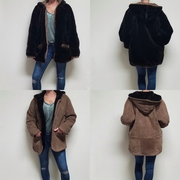 VINTAGE Hamilton Manor Reversible Suede Leather Sherpa Hooded Oversized Jacket - Picture 1 of 16
